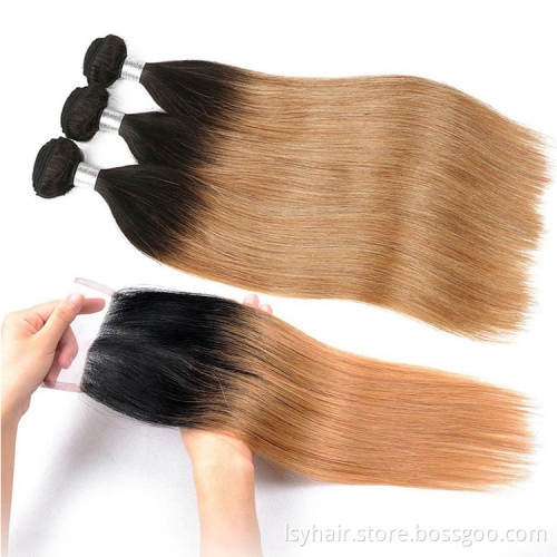 1B27 ombre Blonde Hair Bundles With Closure 3 Bundles With 4x4 Lace Closure Brazilian Straight Hair Remy Human Hair Extensions